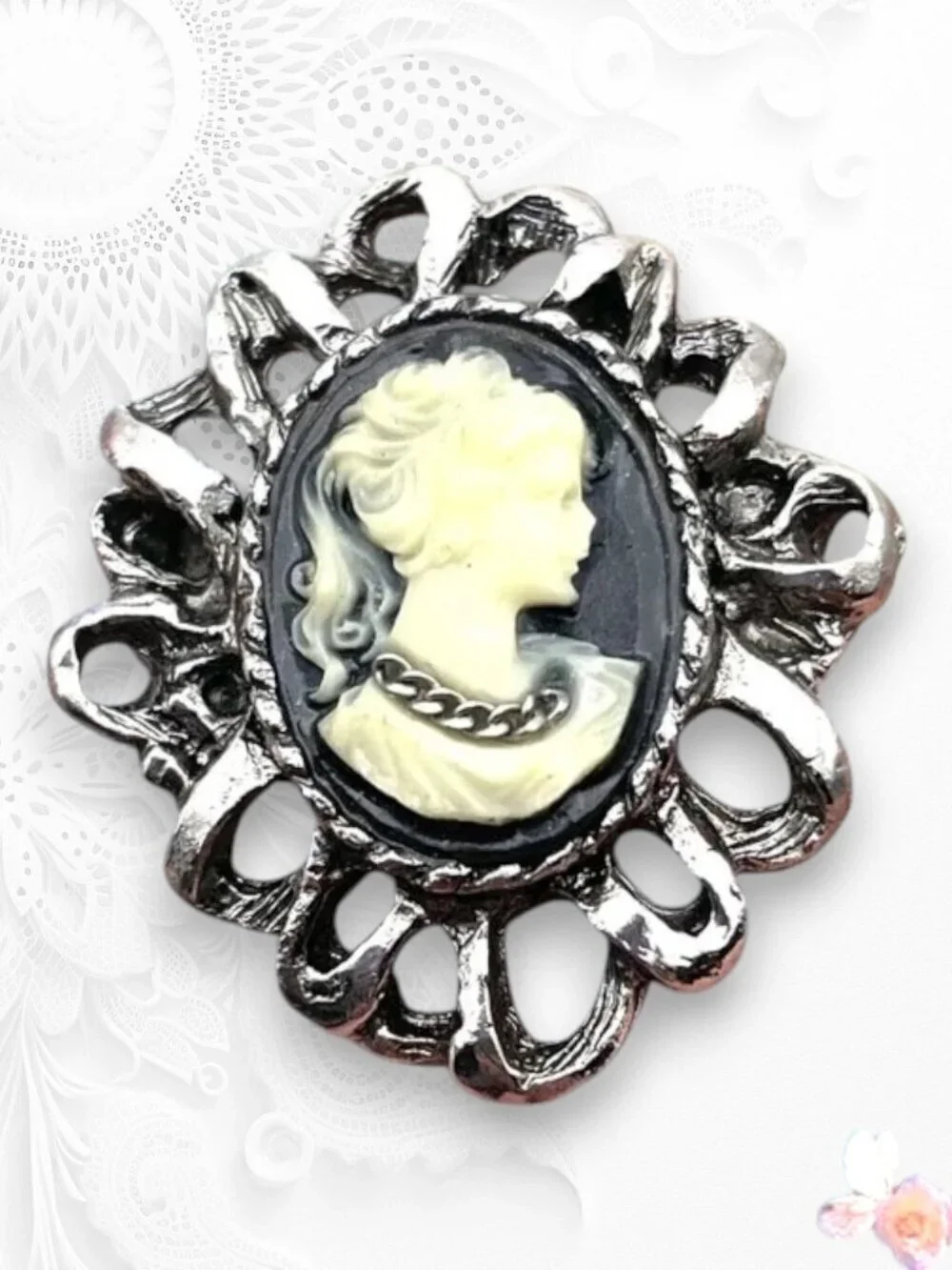 Victorian Style Cameo Ring Lady Wearing Necklace Black Ivory Gothic Filigree OS